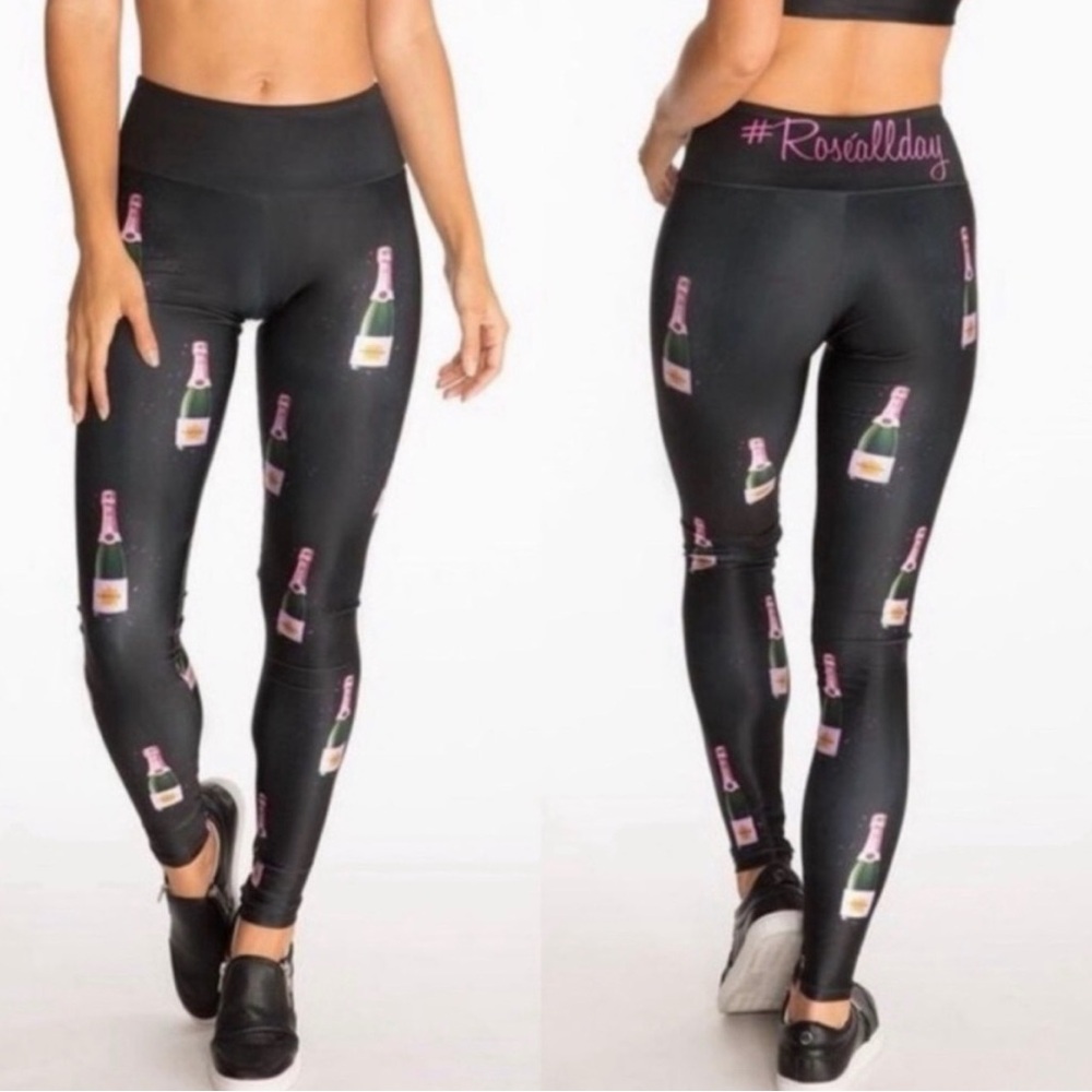 Goldsheep Black 'Rosallday' Leggings with Pink & Green Champagne Bottle Print